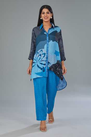 Buy_Kahani Lush_Blue Cotton, Silk Collared Geometric Print Shirt Kurta And Pant Set _at_Aza_Fashions