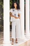 Buy_Kahani Lush_White Cotton Dobby Embroidered Lock Tie-up Neck Shirt And Palazzo Co-ord Set _at_Aza_Fashions