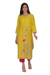 Buy_Kahani Lush_Yellow Chanderi Silk Embroidered Peacock Round Instrumental Kurta And Pant Set _at_Aza_Fashions