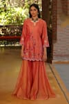 Buy_Kahani Lush_Orange Chanderi Silk Embroidered Flowers Dual Tone Short Kurta And Sharara Set _Online_at_Aza_Fashions