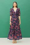 Samyukta Singhania_Blue Chanderi Floral Print Tiered Dress_at_Aza_Fashions