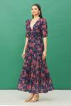 Samyukta Singhania_Blue Chanderi Floral Print Tiered Dress_Online_at_Aza_Fashions