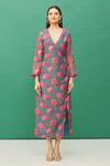 Samyukta Singhania_Blue Chanderi Floral Print Wrap Dress_Online_at_Aza_Fashions