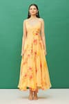 Samyukta Singhania_Yellow Chiffon Botanical Print Dress_at_Aza_Fashions