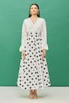 Samyukta Singhania_White Cotton Polka Dot Print Flared Dress_Online_at_Aza_Fashions