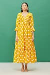Samyukta Singhania_Yellow Cotton Printed Tiered Dress_Online_at_Aza_Fashions