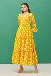 Shop_Samyukta Singhania_Yellow Cotton Printed Tiered Dress_Online_at_Aza_Fashions