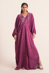 Buy_Ruhr India_Purple Satin Linen Embellished Sequin V Flora Pattern Side Slit Kaftan  _at_Aza_Fashions