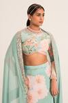 Buy_Ruhr India_Blue Crepe Embellished Pearl High Neck Floral Pattern Slit Lehenga Blouse Set _Online_at_Aza_Fashions