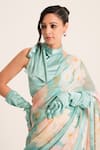 Buy_Ruhr India_Blue Stretch Satin Embellished Pearl Halter Neck Floral Print Saree With Blouse _Online_at_Aza_Fashions