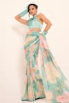 Shop_Ruhr India_Blue Stretch Satin Embellished Pearl Halter Neck Floral Print Saree With Blouse _Online_at_Aza_Fashions