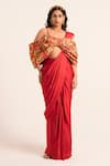 Buy_Ruhr India_Red Chanderi Tissue Geometric Sweetheart Pattern Bow Blouse And Pre-drapped Saree _at_Aza_Fashions