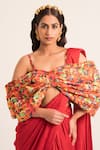 Buy_Ruhr India_Red Chanderi Tissue Geometric Sweetheart Pattern Bow Blouse And Pre-drapped Saree _Online_at_Aza_Fashions