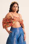 Ruhr India_Blue Chanderi Tissue Printed Geometric Sweetheart Bow Top With Panelled Palazzo _Online_at_Aza_Fashions