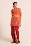 Buy_Ruhr India_Red Tissue Embellished Peeta Round Sheer Straight Kurta And Draped Dhoti _at_Aza_Fashions