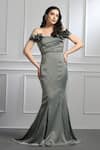 Buy_BAYA_Grey Satin Lining Viscose Embellished Floral Corsage Off Shoulder Sleeves Gown _at_Aza_Fashions