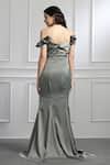 BAYA_Grey Satin Lining Viscose Embellished Floral Corsage Off Shoulder Sleeves Gown _Online_at_Aza_Fashions