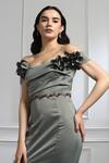 Shop_BAYA_Grey Satin Lining Viscose Embellished Floral Corsage Off Shoulder Sleeves Gown _Online_at_Aza_Fashions