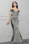 Shop_BAYA_Grey Satin Lining Viscose Embellished Floral Corsage Off Shoulder Sleeves Gown _at_Aza_Fashions