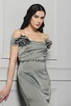 Buy_BAYA_Grey Satin Lining Viscose Embellished Floral Corsage Off Shoulder Sleeves Gown 