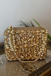 Shop_Bhavna Kumar_Gold Kundan Embellished Box Clutch_at_Aza_Fashions