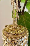 Shop_Bhavna Kumar_Gold Kundan Embellished Half Round Clutch_Online_at_Aza_Fashions