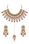 Shop_Moh-Maya by Disha Khatri_Gold Plated Metallic Thread, Beads, Lucia Trellis Meenakari Kundan Jewellery Set _at_Aza_Fashions