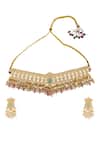 Shop Moh-Maya By Disha Khatri Gold Plated Pearls, Stones, Gota Vine Kundan Embellished Choker Jewellery Set at Aza Fashions Shop_Moh-Maya By Disha Khatri_Gold Plated Pearls, Stones, Gota Vine Kundan Embellished Choker Jewellery Set _at_Aza_Fashions