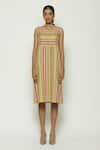 Buy_Abraham & Thakore_Multi Color 100% Cotton Twill Round Woven Striped Short Dress  _at_Aza_Fashions