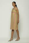 Abraham & Thakore_Multi Color 100% Cotton Twill Round Woven Striped Short Dress  _Online_at_Aza_Fashions