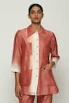 Abraham & Thakore_Red Chanderi Pointed Collar Ombre Button Down Shirt  _Online_at_Aza_Fashions