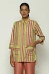 Abraham & Thakore_Multi Color 100% Cotton Twill Woven Pointed Striped Button Down Shirt  _Online_at_Aza_Fashions