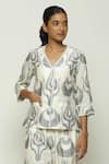 Abraham & Thakore_Grey Silk V Neck Ikat Ottoman Tulip Top  _Online_at_Aza_Fashions