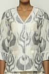 Abraham & Thakore_Grey Silk V Neck Ikat Ottoman Tulip Top  _at_Aza_Fashions