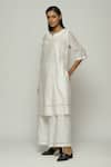 Abraham & Thakore_Ivory Chanderi Embroidered French Knot Notched Kurta  _Online_at_Aza_Fashions