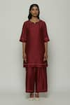 Buy_Abraham & Thakore_Wine Chanderi Embroidered French Knot Notched Kurta  _at_Aza_Fashions