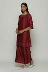 Abraham & Thakore_Wine Chanderi Embroidered French Knot Notched Kurta  _Online_at_Aza_Fashions