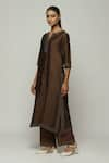 Abraham & Thakore_Brown Chanderi Embroidered Bead Notched Kurta  _Online_at_Aza_Fashions