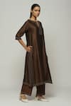 Buy_ABRAHAM AND THAKORE_Brown Chanderi Embroidered Bead Notched Kurta _Online_at_Aza_Fashions