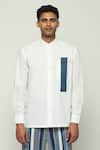 Shop_Abraham & Thakore_White 100% Cotton Poplin Block Print Chinese Collar Shirt  _Online_at_Aza_Fashions