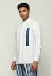 Abraham & Thakore_White 100% Cotton Poplin Block Print Chinese Collar Shirt  _at_Aza_Fashions