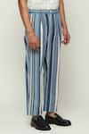 Abraham & Thakore_Blue 100% Cotton Engineered Twill Stripes Woven Balance Trouser  _Online_at_Aza_Fashions