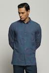 Shop_Abraham & Thakore_Blue 100% Cotton Slub Organic Rings Swerve Pattern Shirt _at_Aza_Fashions