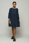 Buy_Abraham & Thakore_Blue 100% Silk Habutai Embellished Mirror Round Tiered Dress _at_Aza_Fashions