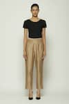 Buy_Abraham & Thakore_Beige Chanderi Plain Trouser  _at_Aza_Fashions