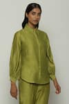 Shop_Abraham & Thakore_Green Chanderi Solid Shirt Collar _Online_at_Aza_Fashions