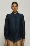 Abraham & Thakore_Blue Chanderi Plain Shirt Collar _Online_at_Aza_Fashions