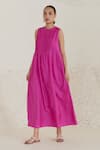 Buy_Surmaye_Pink Handwoven Silk Modal Solid Round Eternal Ties Pleated Dress  _at_Aza_Fashions