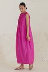 Shop_Surmaye_Pink Handwoven Silk Modal Solid Round Eternal Ties Pleated Dress  _Online_at_Aza_Fashions