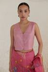 Buy_Surmaye_Pink Handwoven Silk Modal Gingham V Sisterhood Sonnet Blouse  _at_Aza_Fashions